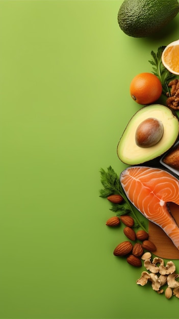 Ein grüner Hintergrund mit einer Vielzahl von Lebensmitteln, darunter Lachs, Avocado, Nüsse und Nüsse.