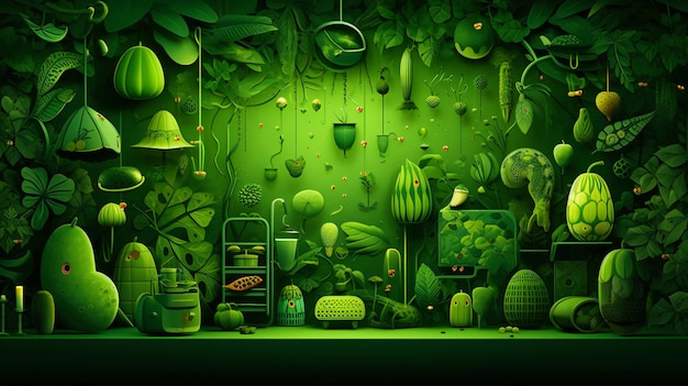 Ein grüner Hintergrund mit vielen verschiedenen Dingen