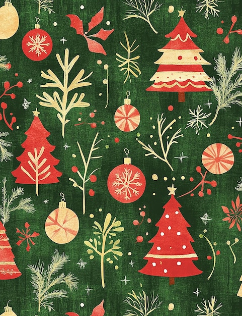 ein grüner Hintergrund mit Weihnachtsbaum und Ornamenten