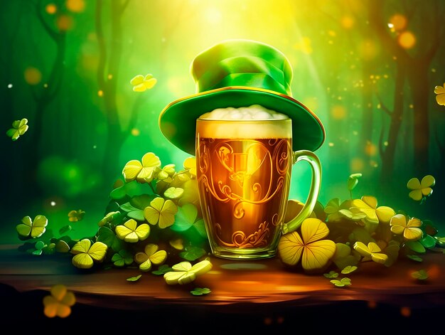 Ein grüner Hut auf einem Bierbecher und ein Kleeblatt auf einem Holztisch mit Waldhintergrund St. Patrick's Day