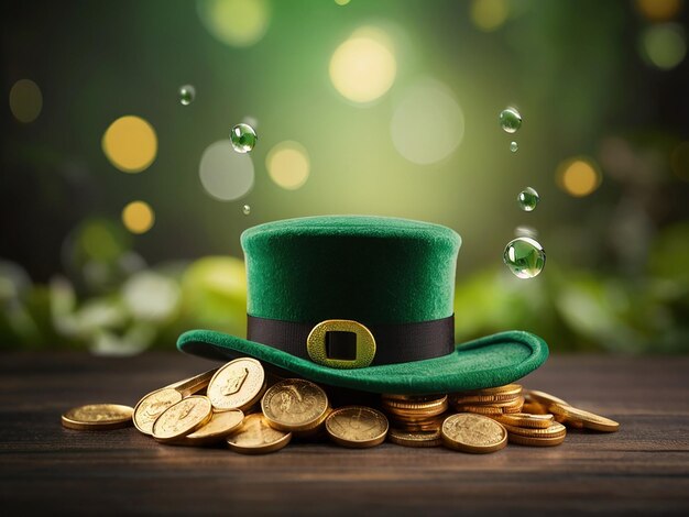 ein grüner Hut mit einem Schamrock sitzt auf einem Tisch mit einigen Goldmünzen