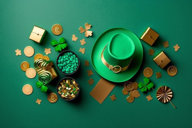 Ein grüner Hut und Goldmünzen stehen auf einem grünen Hintergrund mit Goldmünzen und Kleeblättern.