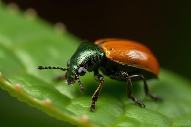 Ein grüner Käfer mit Orange und Grün auf dem Rücken sitzt auf einem Blatt.