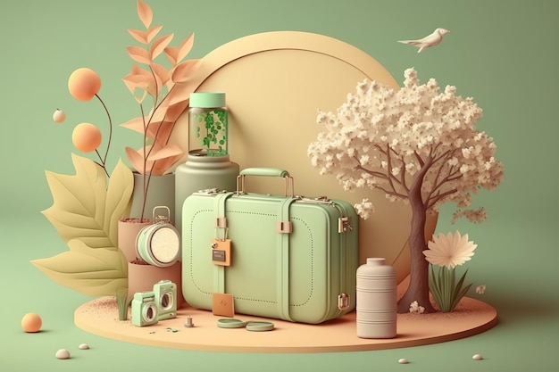 Ein grüner Koffer und ein Glas stehen auf einem Tisch mit einem Baum und Blumen.