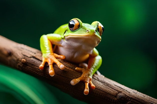 Ein grüner Laubfrosch sitzt auf einem Ast.