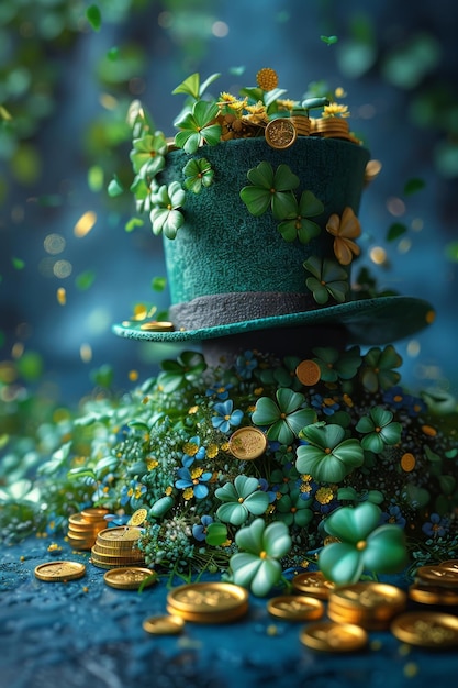 Ein grüner Leprechaun-Hut und Goldmünzen stehen auf der Oberfläche am St. Patrick's Day.