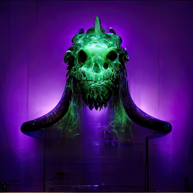 ein grüner Monsterkopf mit Hörnern und Hörnern auf violettem Hintergrund.