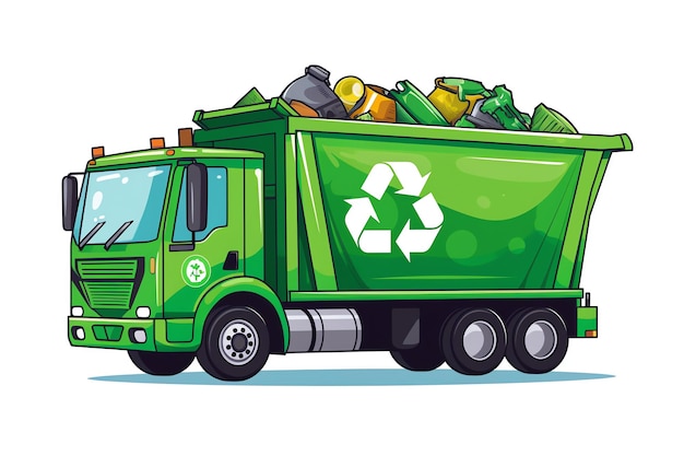 ein grüner Müllwagen mit einem Recycling-Zeichen darauf