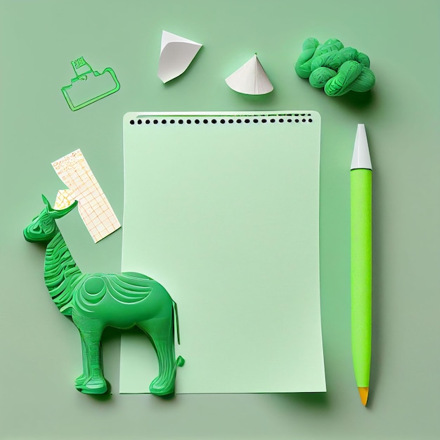 Ein grüner Notizblock mit einer Giraffe darauf neben einem grünen Papier.