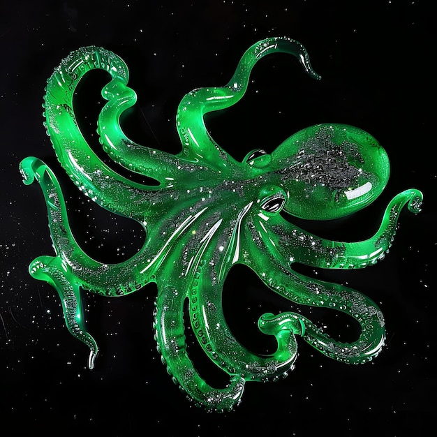 ein grüner Oktopus mit grünen Wassertropfen, auf dem steht Oktopus