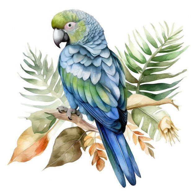 Ein grüner Papagei sitzt auf einem Ast mit Blättern
