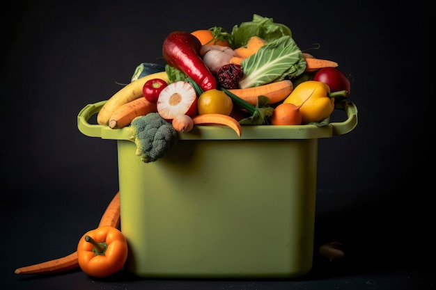 Ein grüner Plastikbehälter mit Obst und Gemüse darauf