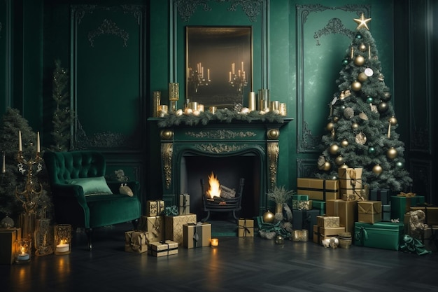 Ein grüner Raum mit einem Weihnachtsbaum und einem Kamin.