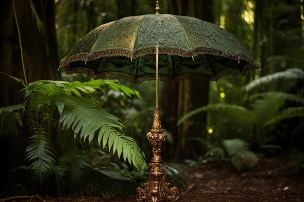 ein grüner Regenschirm im Wald