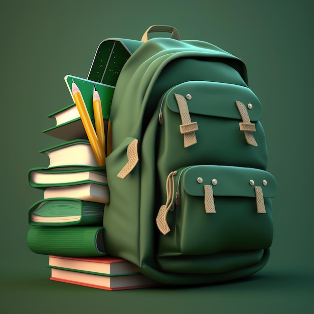 Ein grüner Rucksack mit einem Buch darauf ist von Büchern umgeben.