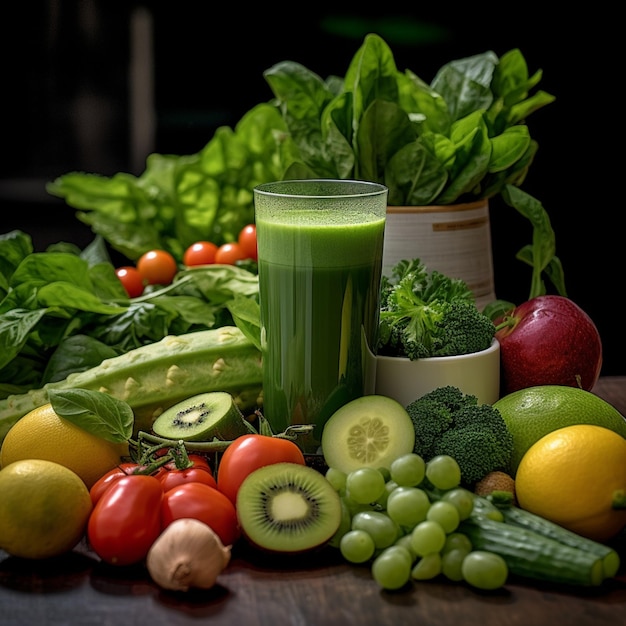 Ein grüner Smoothie wird von anderem Obst und Gemüse umgeben.