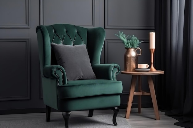 Ein grüner Stuhl in einem dunklen Raum mit einem kleinen Beistelltisch und einem kleinen Beistelltisch aus Kupfer.