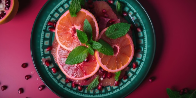 Ein grüner Teller mit geschnittenen Orangen und Minze hinterlässt ein generatives KI-Bild