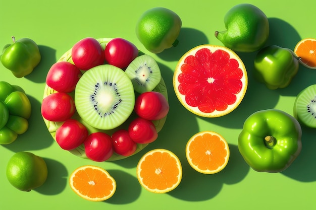 Ein grüner Tisch mit Obst und Orangen darauf