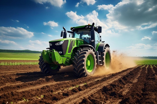 Ein grüner Traktor fährt durch ein Feld mit Feldfrüchten.