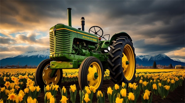 Foto ein grüner traktor mit einer gelben blume im hintergrund.