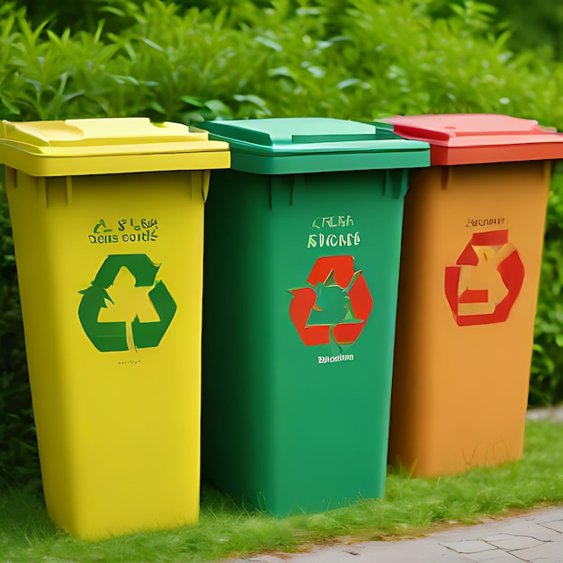 ein grüner und gelber Recyclingbehälter mit dem Wort Recycle darauf