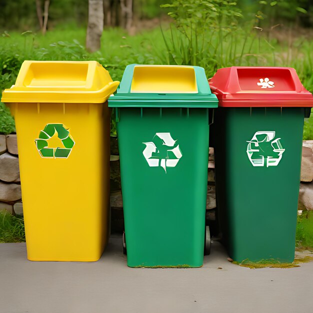 ein grüner und gelber Recyclingbehälter mit einem Recycling-Logo