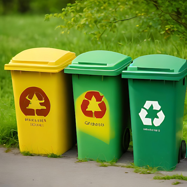 ein grüner und gelber Recyclingbehälter mit einem Recycling-Logo