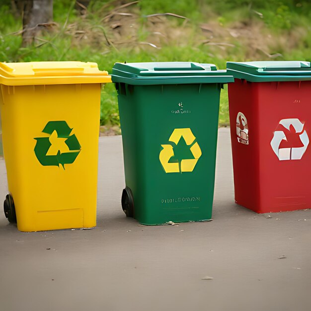 ein grüner und gelber Recyclingbehälter mit einem Recycling-Logo