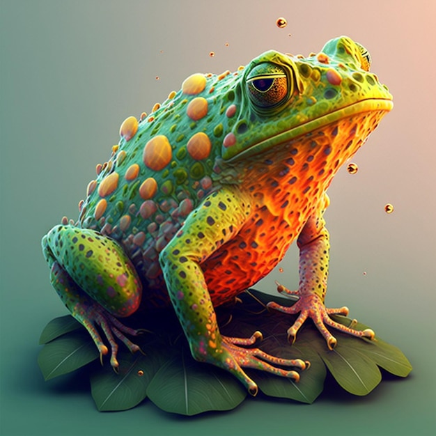 Ein grüner und orangefarbener Frosch mit einem Blatt darauf