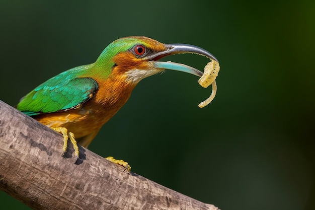 Ein grüner Vogel mit einem Wurm im Schnabel