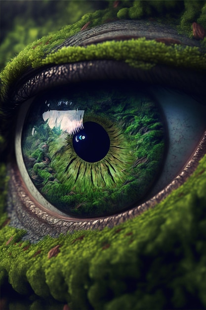 Ein grünes Auge mit dem Wald im Hintergrund