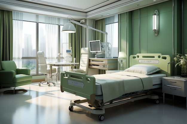 Ein grünes Bett im Krankenzimmer
