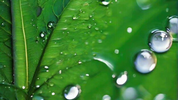 ein grünes Blatt mit Wassertropfen darauf und ein paar Wassertroppeln