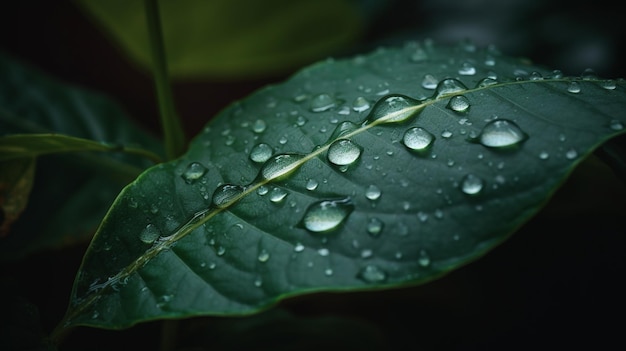 Ein grünes Blatt mit Wassertropfen darauf Wassertropfen auf einem Blatt nach dem Regen