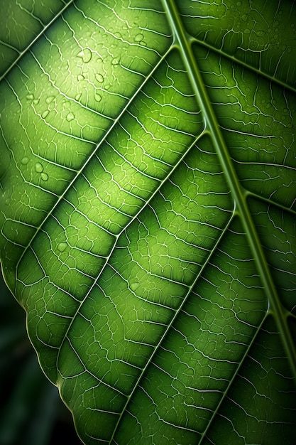 Ein grünes Blatt mit Wassertropfen darauf