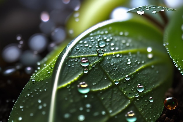 Ein grünes Blatt mit Wassertropfen darauf