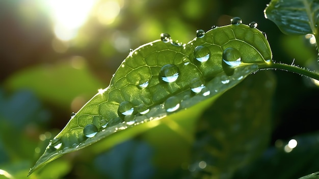 Ein grünes Blatt mit Wassertropfen darauf