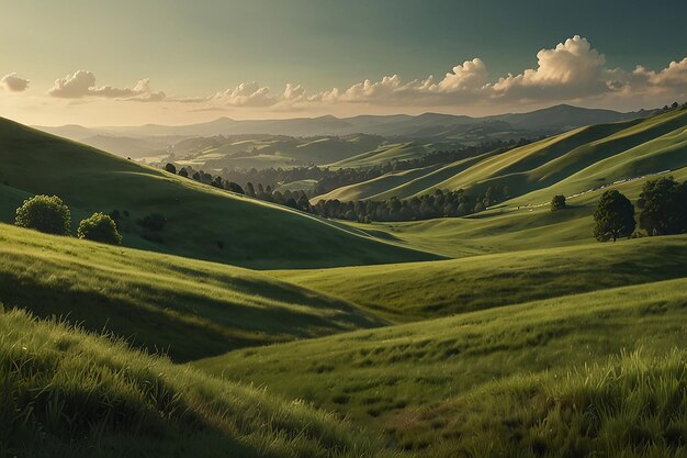 ein grünes Feld mit einem Berg im Hintergrund und einem Berg im hintergrund