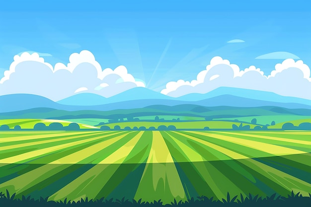 ein grünes Feld mit einem Berg im Hintergrund
