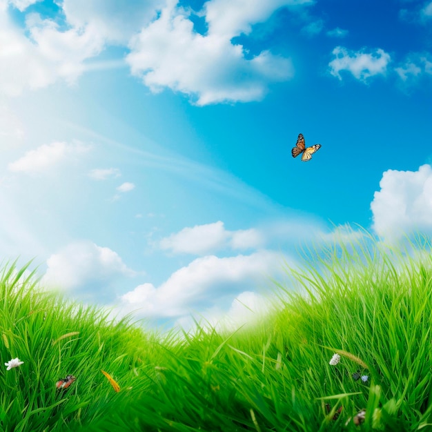 Ein grünes Feld mit einem Schmetterling, der am Himmel fliegt