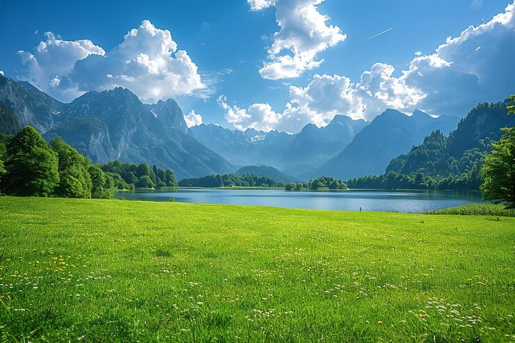 Foto ein grünes feld mit einem see und bergen im hintergrund