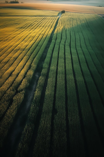 Ein grünes Feld mit einer Straße, die zum Horizont führt