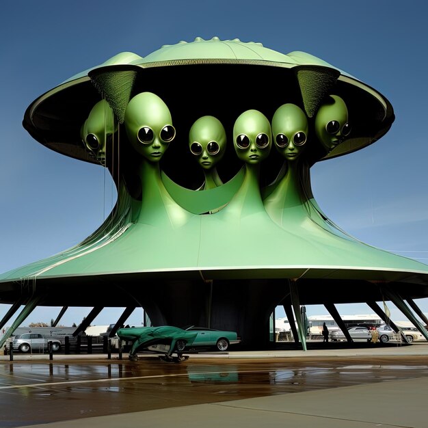 Foto ein grünes gebäude mit einem grünen dach, auf dem alien steht