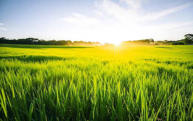 Ein grünes Grasfeld, auf das die Sonne scheint