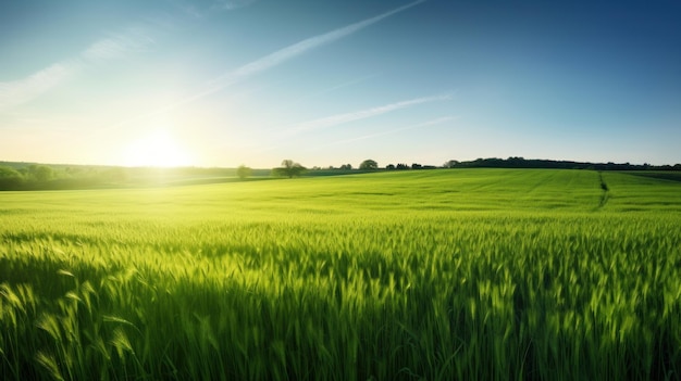 Ein grünes Grasfeld, hinter dem die Sonne untergeht