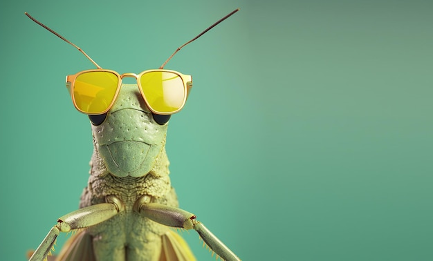 Foto ein grünes insekt mit sonnenbrille und ein grünes insekt mit sonnenbrille.