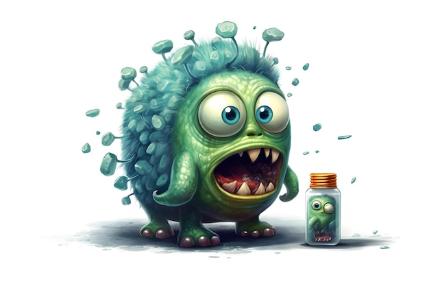 Ein grünes Monster mit einer Flasche Pillen daneben