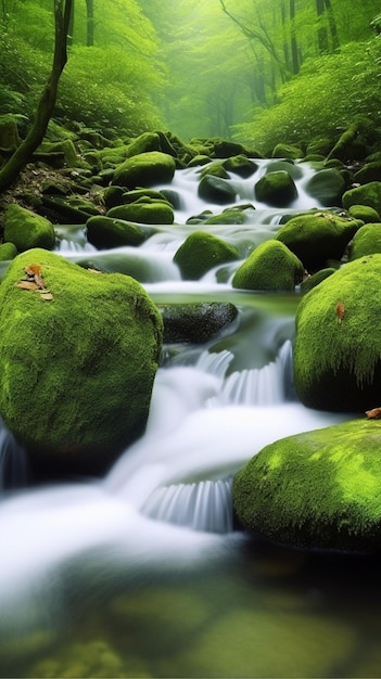 Ein grünes Moos bedeckte Felsen in einem Wald