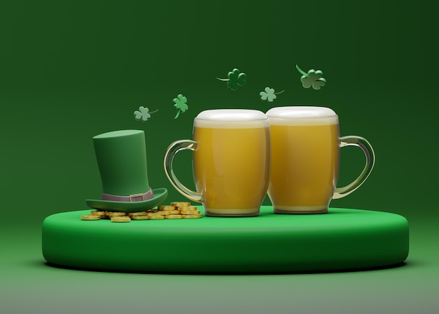 Ein grünes Podium mit zwei Bierkrügen und einem grünen Hut darauf
